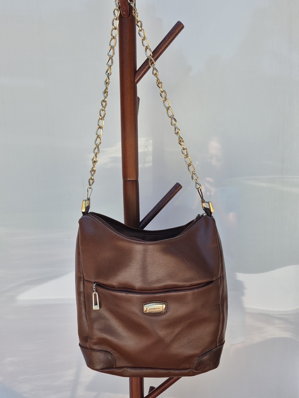 Rosetti Brown Leather Shoulder Bag with Gold Chain